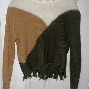 Colorblock Knit Sweater - Olive Green and Tan